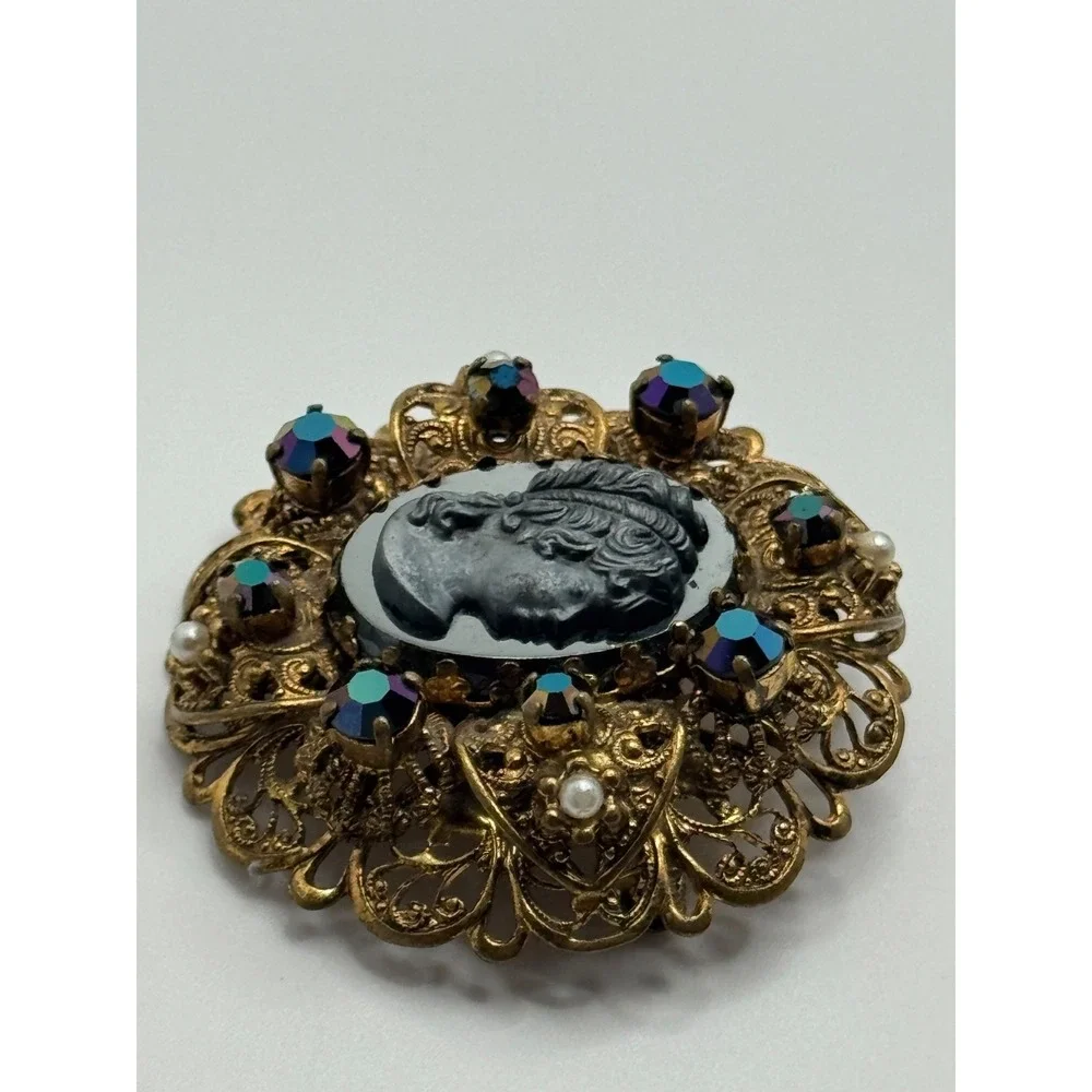 Vintage West Germany Cameo Brooch AB Rhinestone Faux‎ Pearl Filigree Brooch
